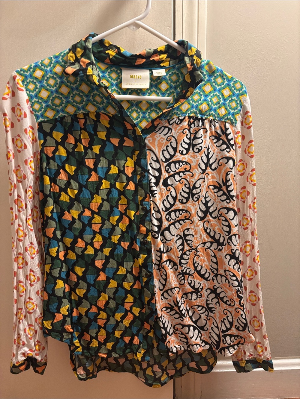 Maeve Multicolor Patchwork Button-Down Shirt with Green, Teal & Orange